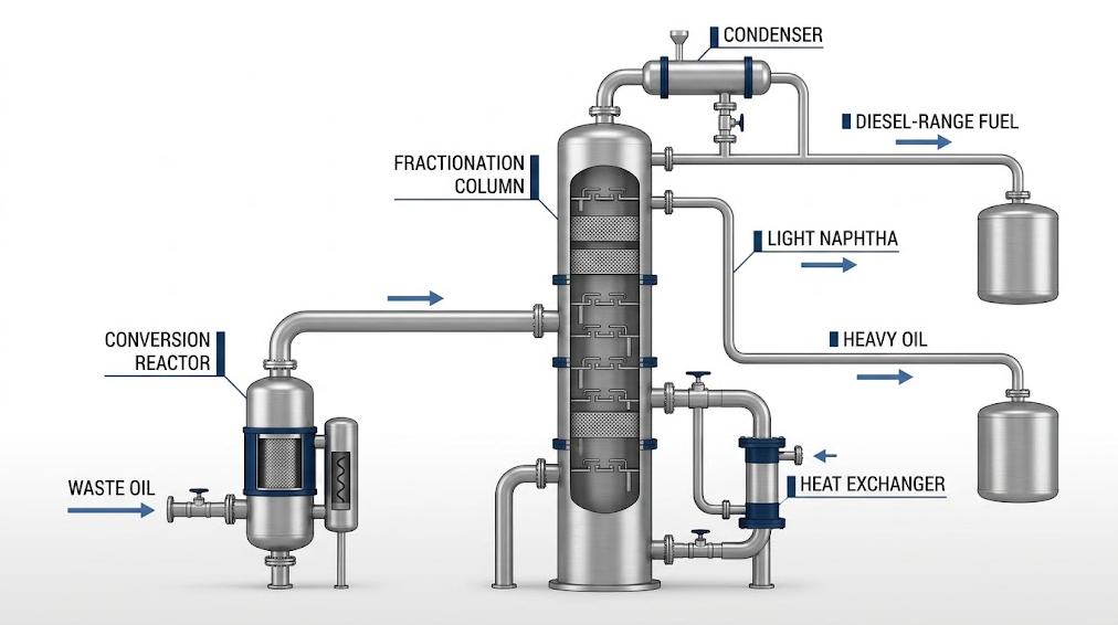 Waste oil to diesel-range fuel fractionation system